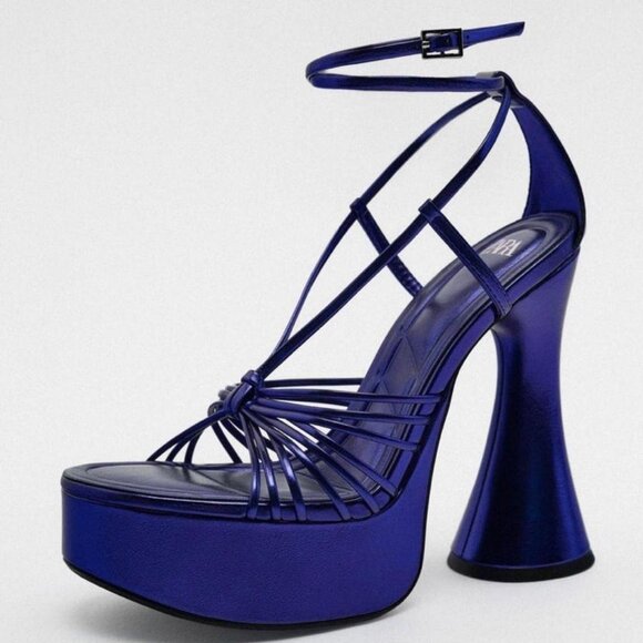 ZARA Metallic Blue Platform High Heel Sandals | Size EUR 40 US 9 - Picture 2 of 11